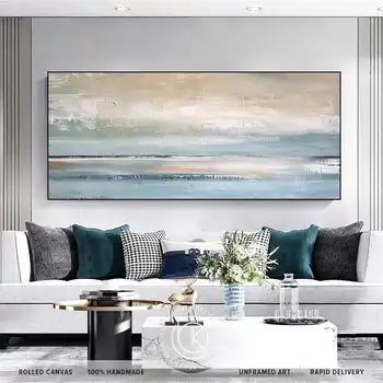 1 pezzo di tela senza cornice con grande paesaggio marino blu, dipinto a mano, decorazione da parete, pittura astratta rilassante per soggiorno, azzurro e beige