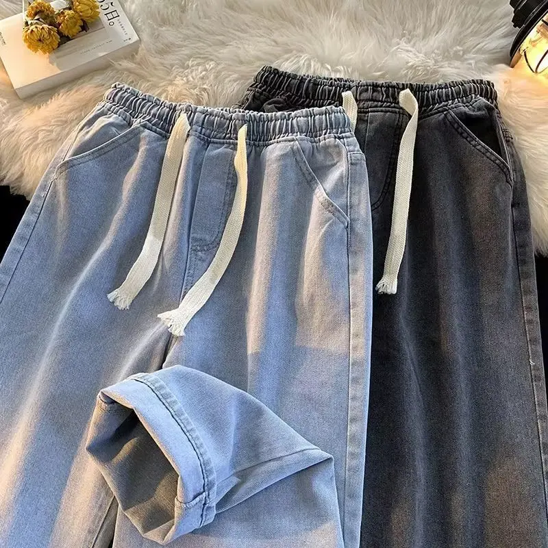 Spring Autumn New Wash Retro Womens Jeans Korean Fashion Loose Straight Denim Pants Unisex Y2k Solid Large Size Casual Trousers denim shorts for women 2023 new summer blue commuter shorts large wash lace up elastic waist simple and versatile straight leg p