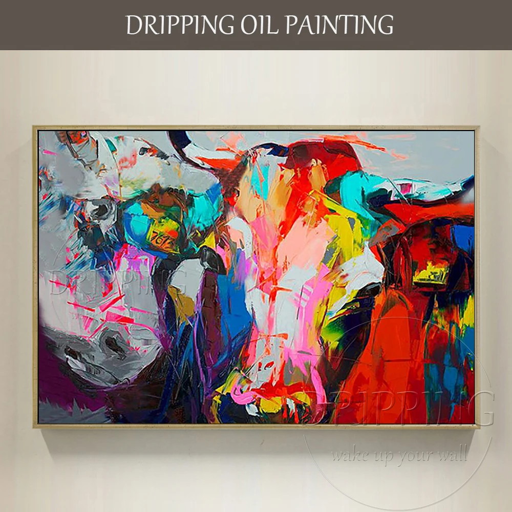 

Bull Oil Painting for Living Room Sofa Back Decoration Handmade Knife Abstract Animal Cow Picture Unframed Home Wall Artwork