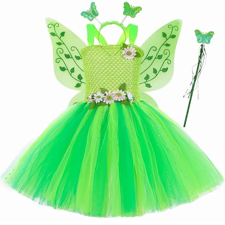 thumbnail image 1 of Vestido de tul con tutú de hada verde para niñas, para fiesta de cumpleaños infantil, disfraz de elfo de hada de las flores con alas de mariposa, vestidos de tul para niñas, 1 of 5