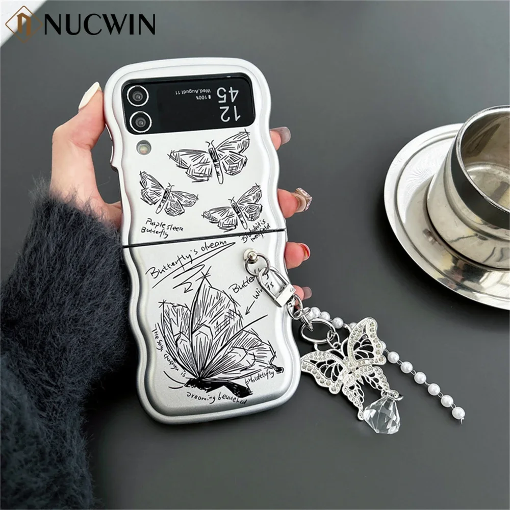 Fashion Butterfly Matte Silver Phone Case with Wave Border and Pendant Cover