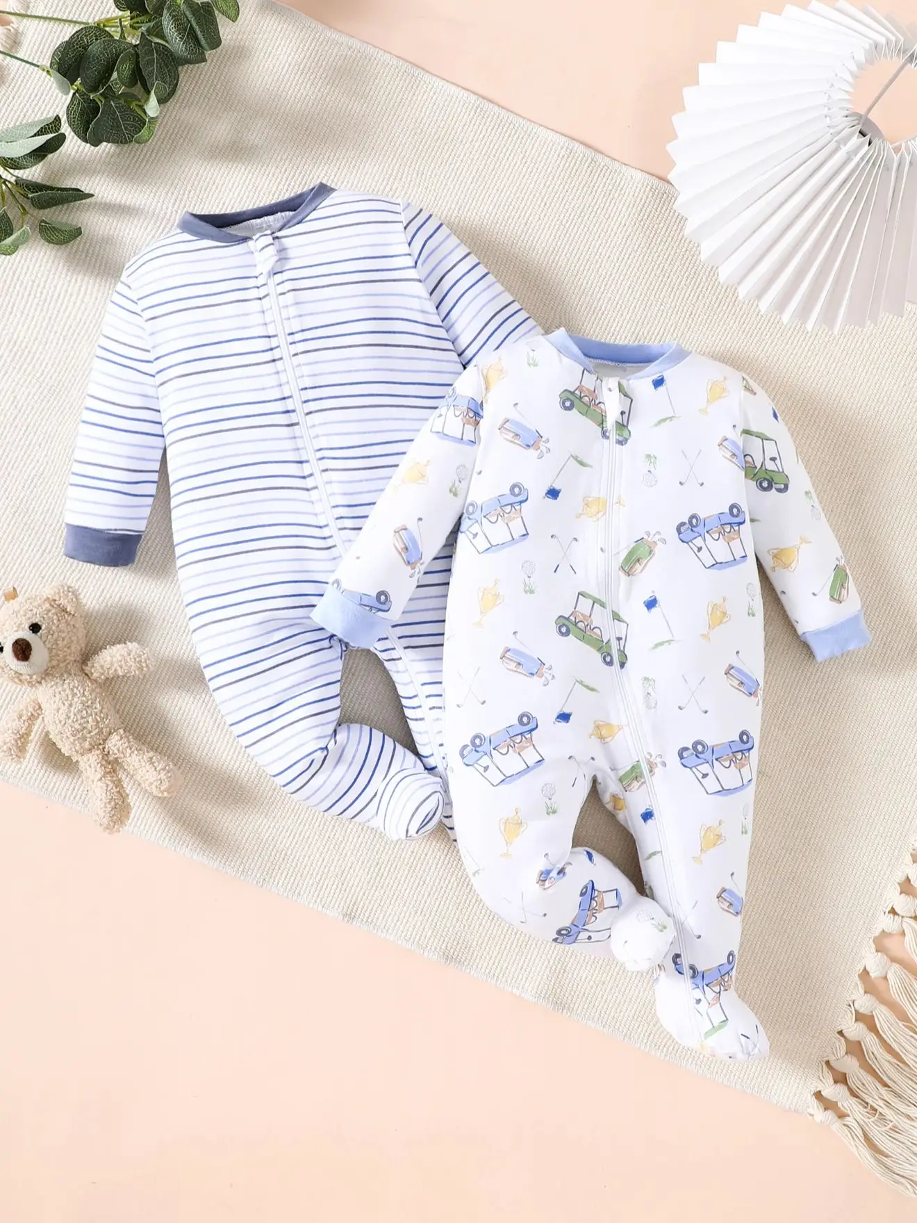 Two-Piece Baby Bamboo Fiber Cartoon Car Jumpsuit and Leggings - Breathable and Comfortable