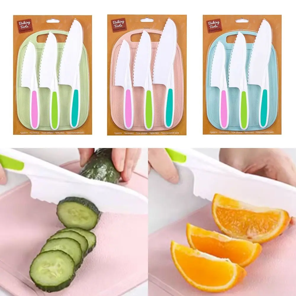 

Lightweight Kids Knife Set Portable with Cutting Board Serrated Edges Fruit Knife Firm Grip PP+TPR Cooking Knives Kids