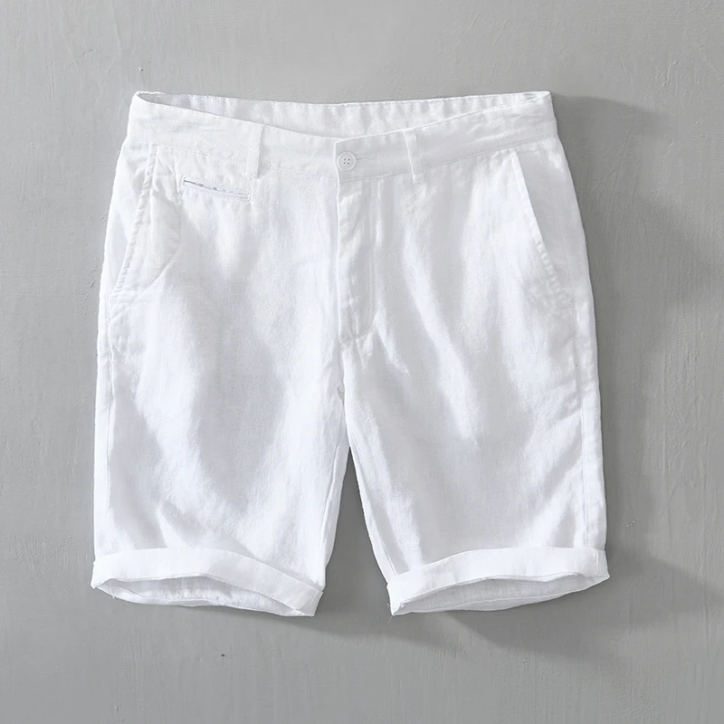 Pure Linen for Men 2024 Summer New Fashion Solid White Loose Holiday Shorts Man Casual Plus Size Button Fly Short Pants_voghion.com