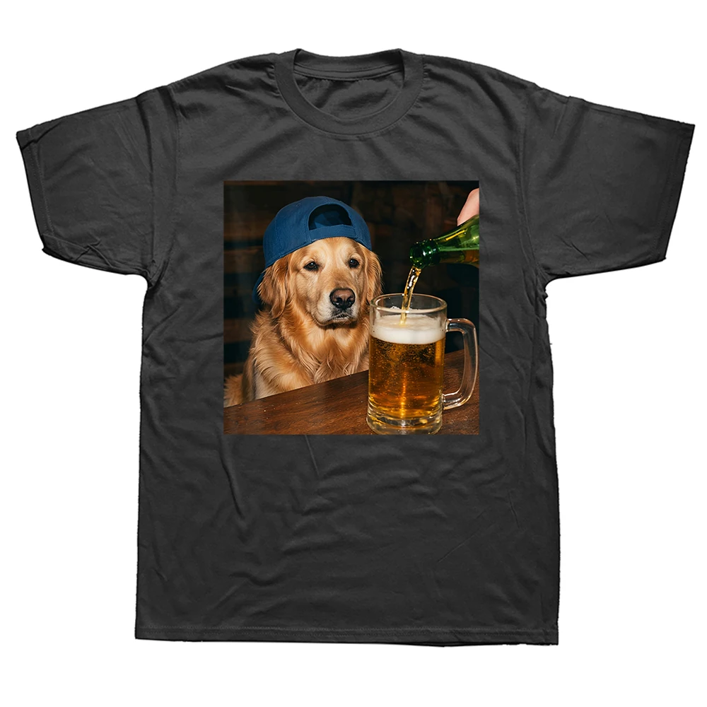 Golden Retriever Trinkt Bier Lustiges Hunde-Meme T-Shirt für Männer und Frauen, Modisches Lässiges T-Shirt, Locker Geschnittenes Oversized Streetwear T-Shirt