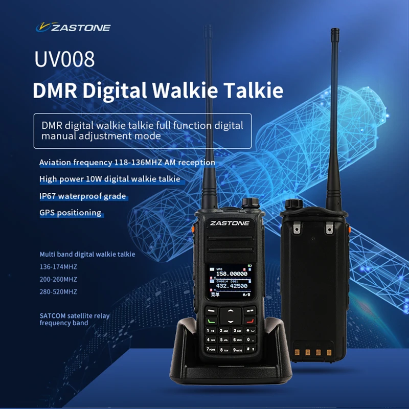 ZASTONE UV008 DMR 워키토키, 디지털 양방향 라디오, 듀얼 밴드, 10W 듀얼 타임 슬롯, GPS