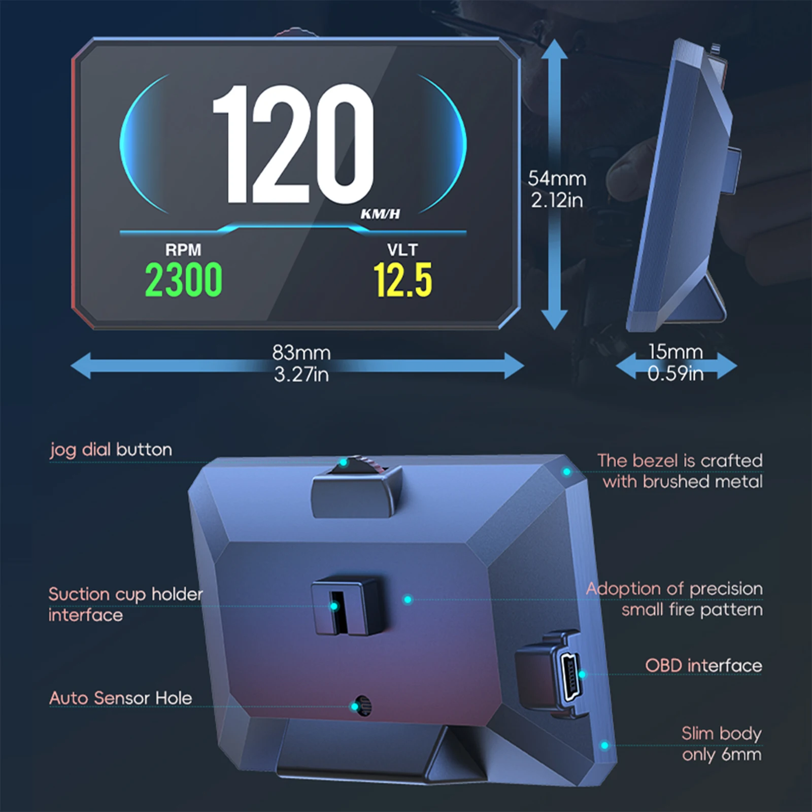 P16 자동차 HUD OBD2 헤드업 디스플레이 디지털 속도계 KMH MPH 타코미터 수온/유온계 터보 압력계 과속 경보