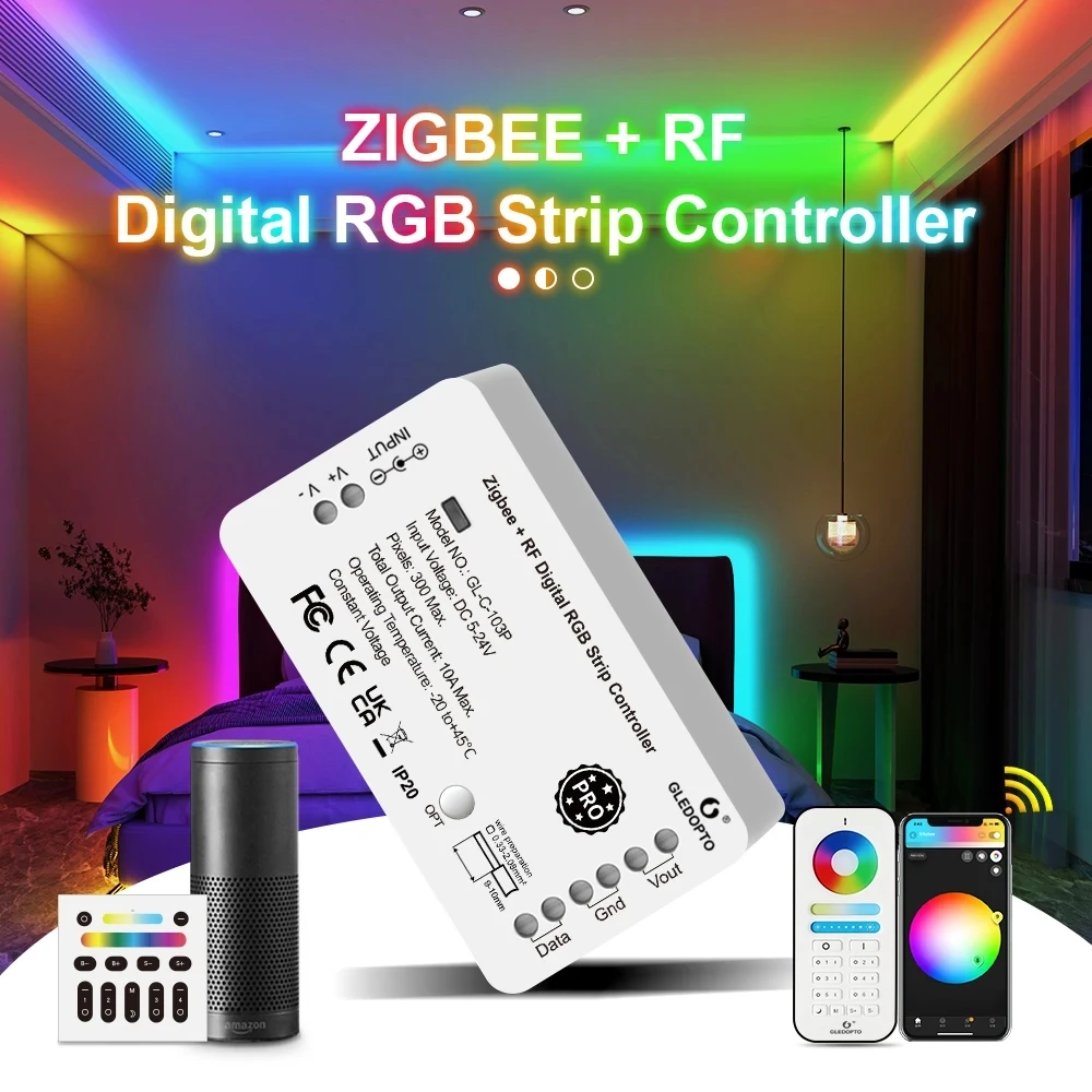 led wi fi addressable music spectrum controller kit built in 2x2048 pixels 252 color chasing modes support device ZigBee RF LED Strip Controller for Brightness Color APP Smart Light Control 9 Dynamic modes Lighting Effect for WS2811 WS2812