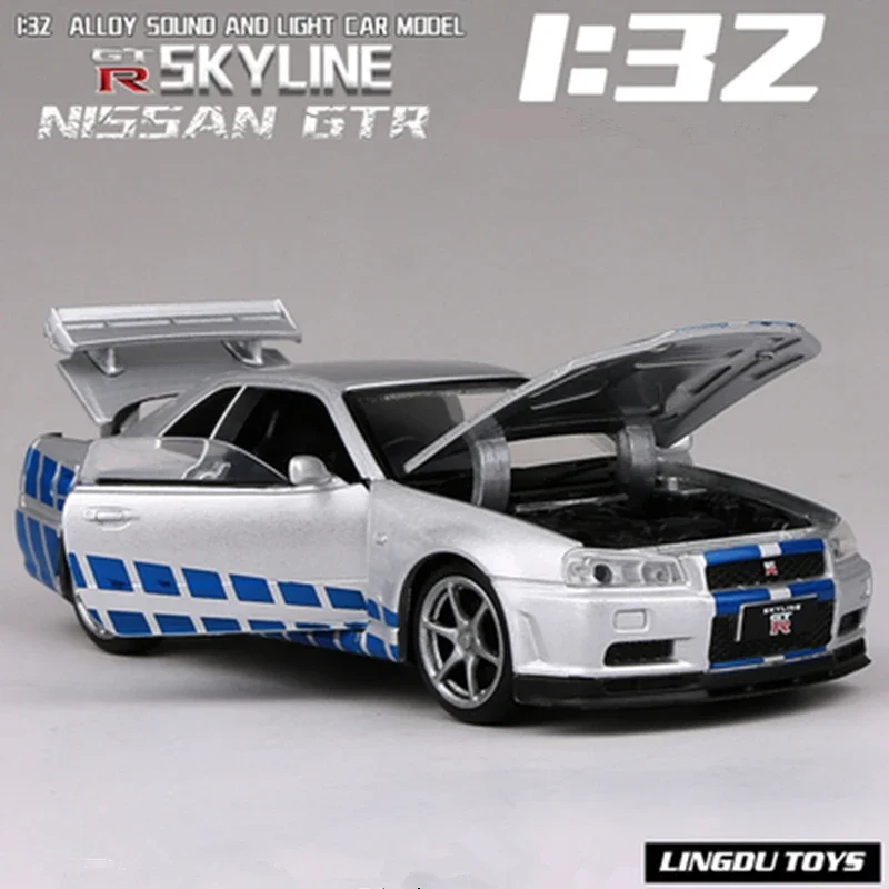 Модель спортивного автомобиля Nissan Skyline Ares GTR R34 из сплава, модель литая металлическая Гоночная машина, имитация звука, детская игрушка в подарок, 1:32