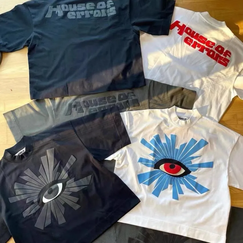 

Oversized Black White Puff Print House Of Errors Eye Logo Tees Men Women T-shirt Hip Hop Vintage Short Sleeve Cotton Tops