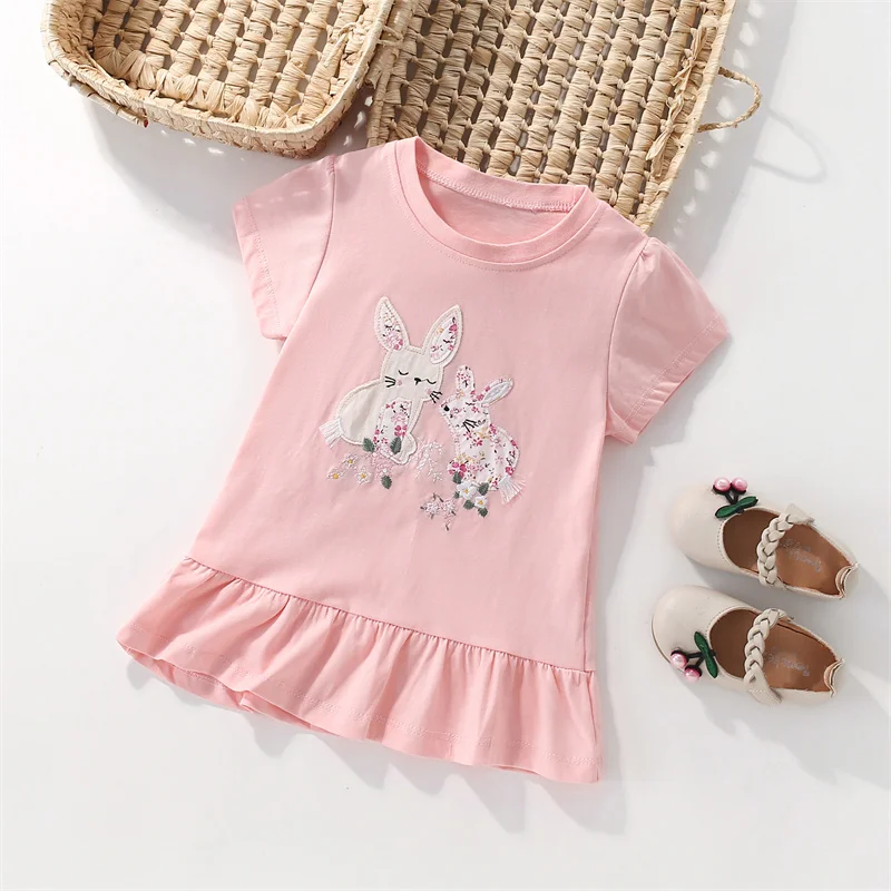Jumping Meters 3-8T New Arrival Bunny Embroidery Hot Selling Cotton Summer Girls Tshirts Baby Clothes Children's Tees Tops 2