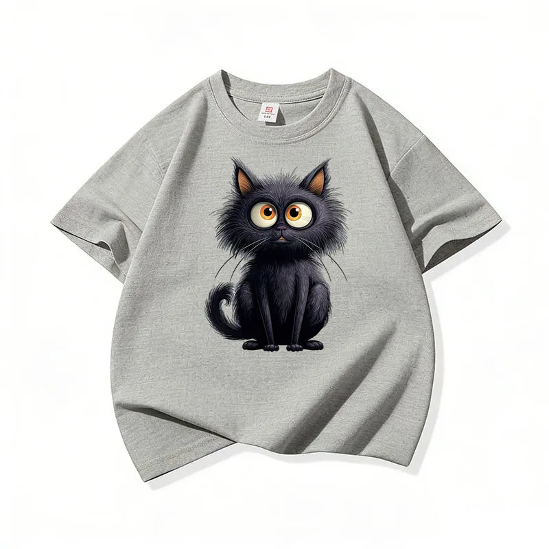 Adorable Black Cat Graphic Kids' Cotton Tee - Soft, Breathable Short Sleeve Shirt
