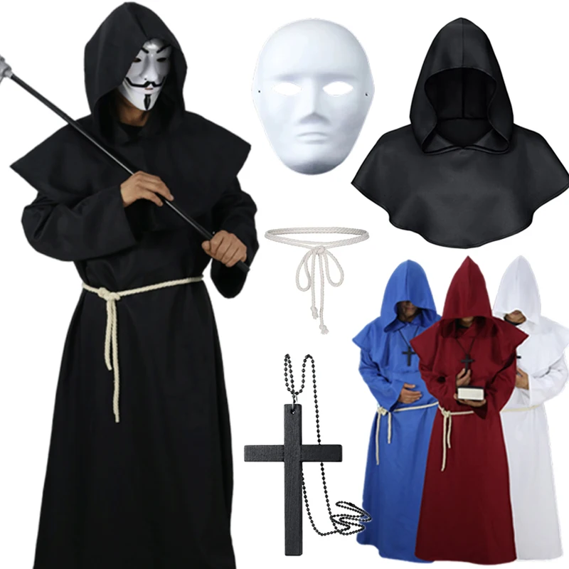 

Halloween Medieval Christian Friar Priest Robes Witch Wizard Cloak Cape Party Death Ghost Vampire Devil Cosplay Costumes