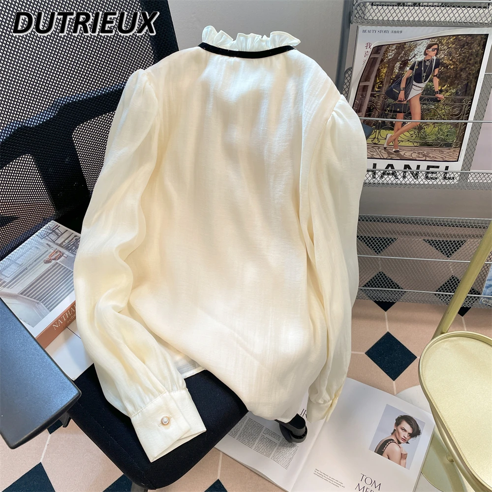 French Lolita Sweet Ruffles Lace-up Bow White Chiffon Shirt Women 2023 Autumn New Stand-up Collar Long Sleeve Button Blouse Top