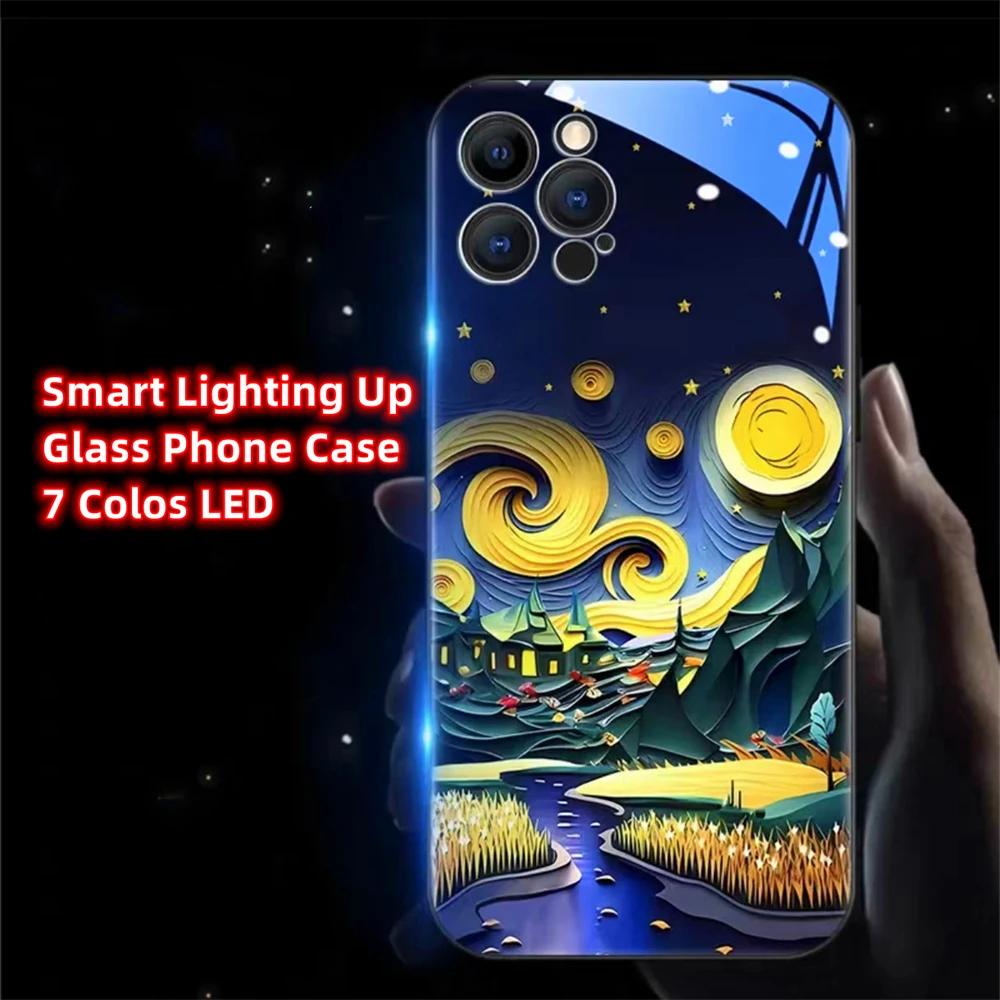 Painting Wheat Fields Smart LED Light Glow Tempered Glass Phone Case For iPhone 15 14 13 12 11 Pro Max XR XS Plus 6 7 8 SE2020