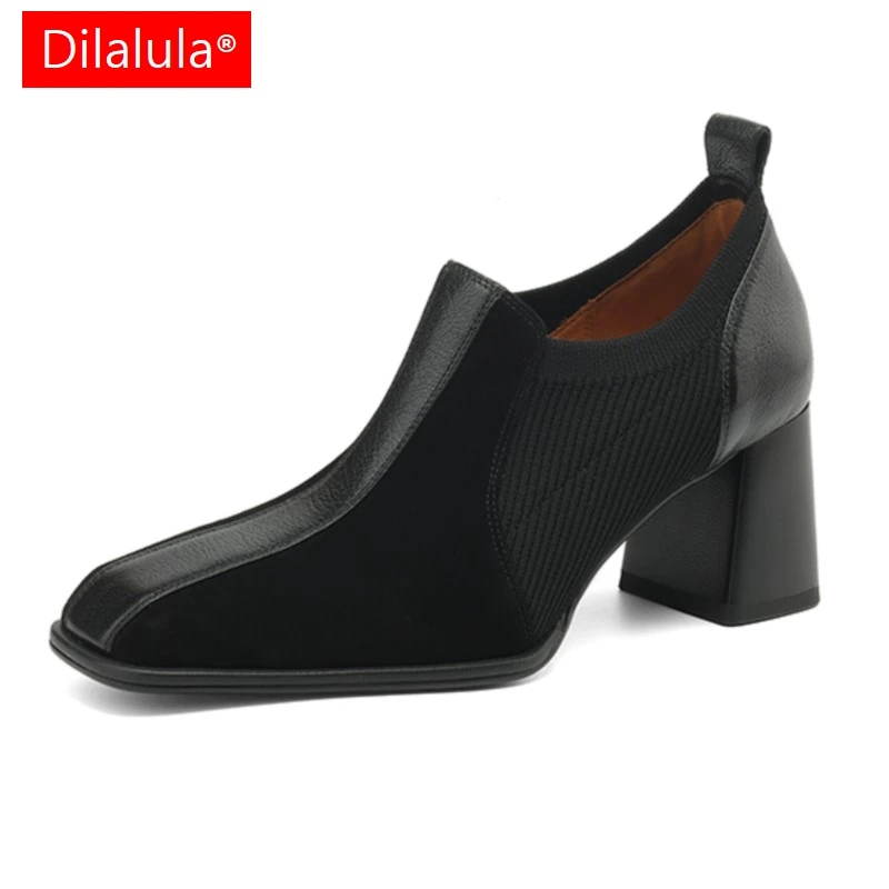 

Dilalula 2024 New Classic Women Pumps Spring Summer Genuine Leather Square Toe Mature Thick Heels Office Lady Work Shoes Woman