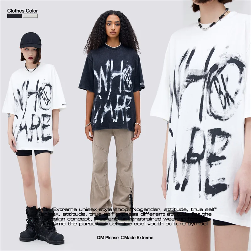 

BLACKAIR American street men's retro small hand-painted printed letters washed old short-sleeved Oversize T-shirt for men women