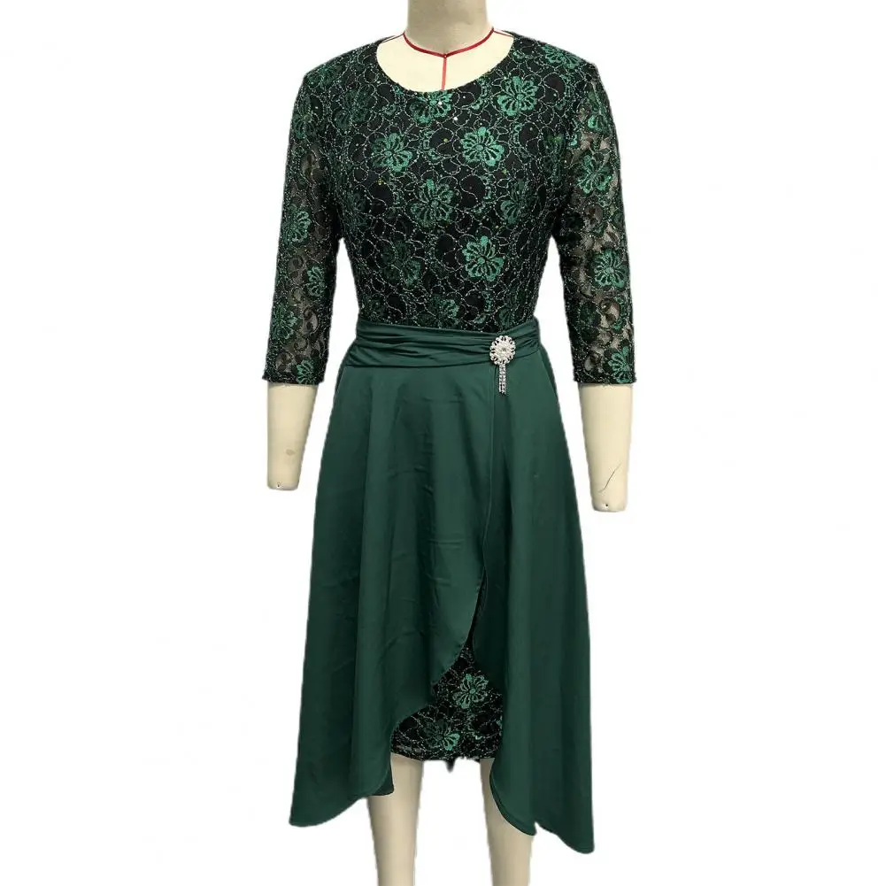 

Solid Color Lace Panel Dress Elegant Lace Ruffle Hem Prom Dress Set for Women High Waist Ankle Length Maxi Skirt Three Quarter