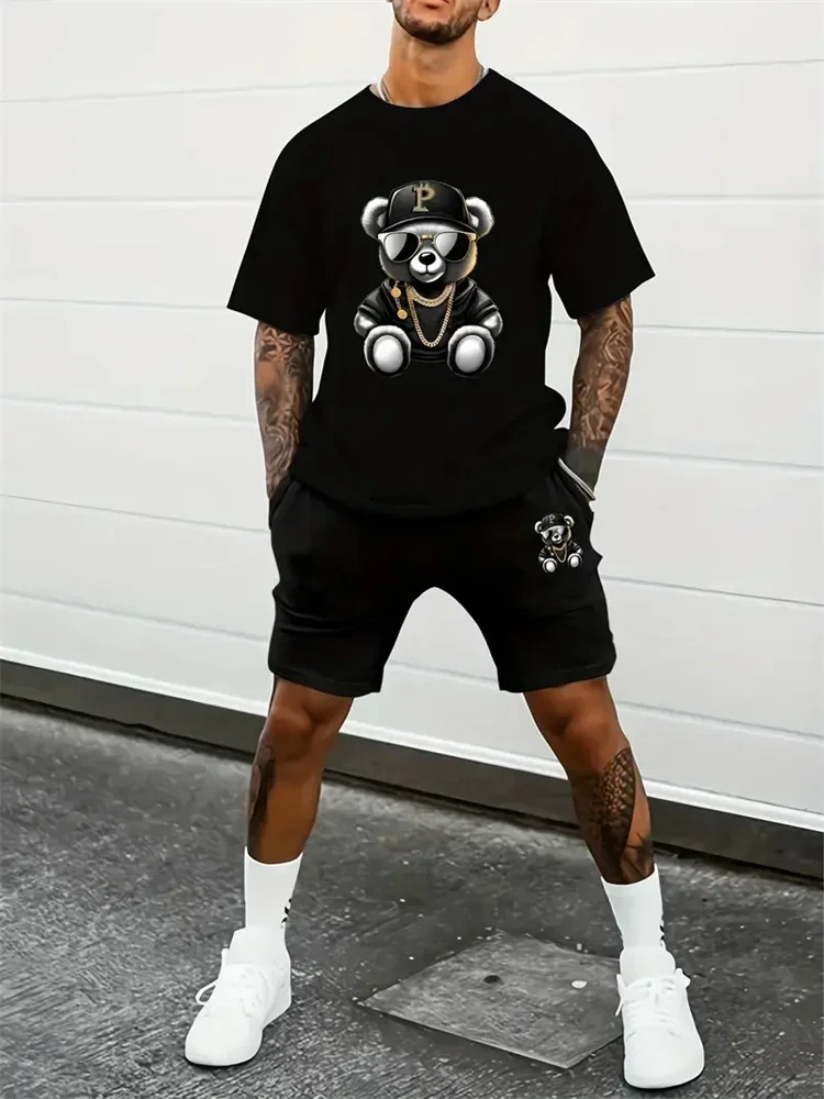 Summer Breathable Sports Suit Men's Loose Shorts Quick Dry T-Shirt Casual Street Shooting Four Pants Bear Letter Print Suit