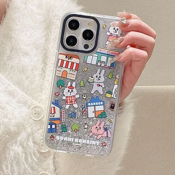 

Cute Rabbit Cat Transparent Border Silver Quicksand Phone Case Cover for iPhone 12 13 14 15 Pro Max Case for IPhone 14 Pro