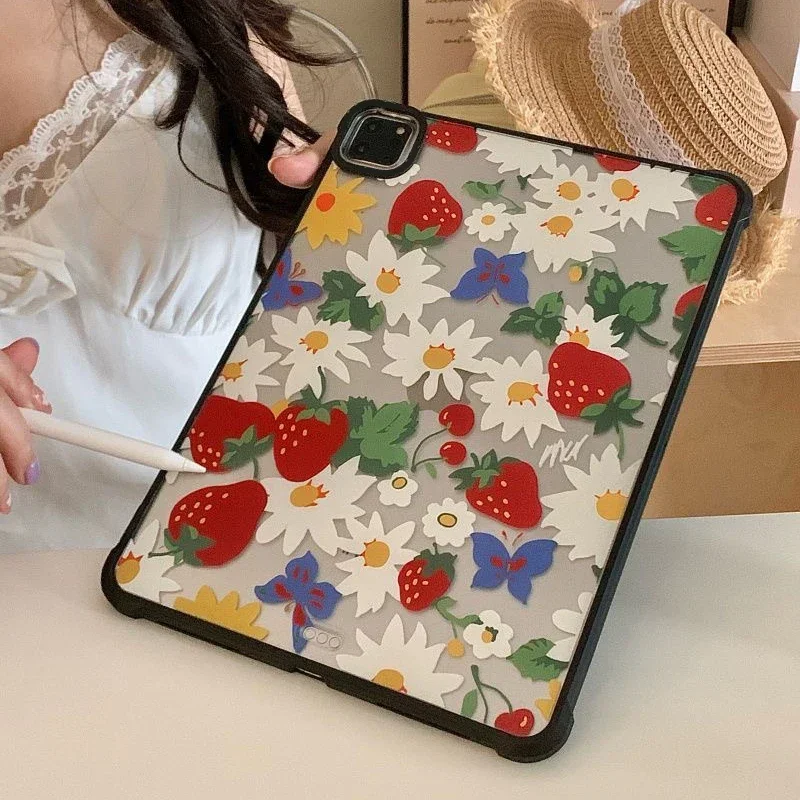 Strawberry Flower Acrylic iPad Cover for iPad Air 4 5 (10.9inch) iPad Pro 2020 2021 2022 (11inch 12.9inch) Protective Case