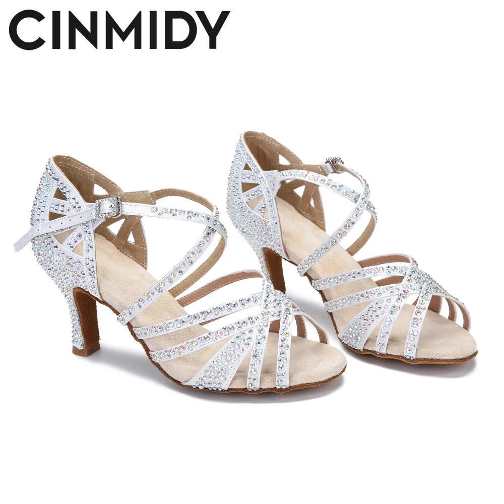 CINMIDY Rhinestones Dance Shoes Woman Party Satin Dance Shoes  Ballroom Red Latin Dance Shoes Women Soft Bottom Wedding Sandals 5