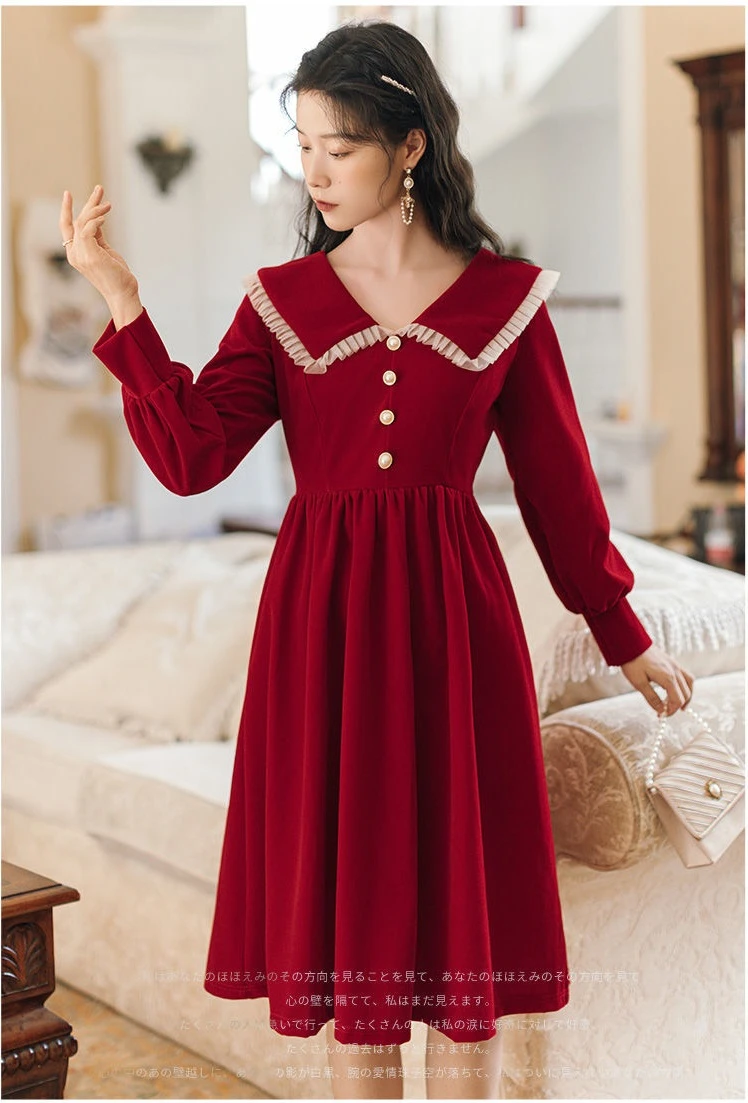 Jielur 2022 Frauen Party Kleider Koreanische Vintage Samt Schwarz Langarm Robe Elegante Kleidung Japanische Peter Pan Kragen Kleid – Detail 10