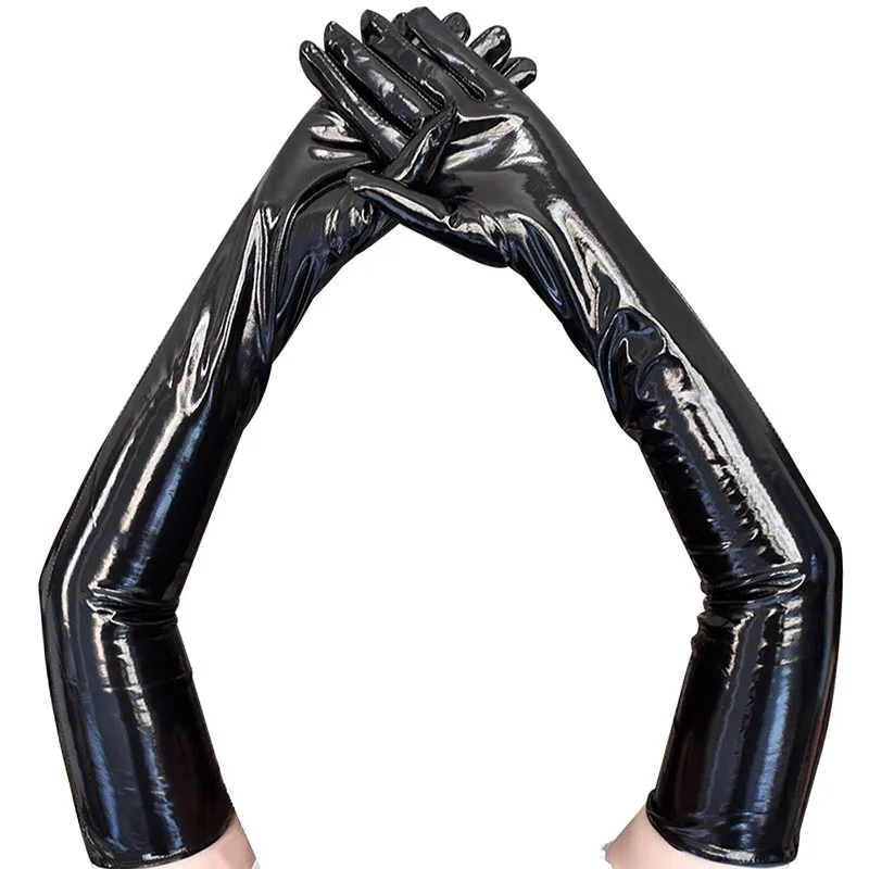 Guantes Negros Sin Dedos Brillantes Y Metálicos Largos Para Mujer - Fiesta, Cosplay Y Baile