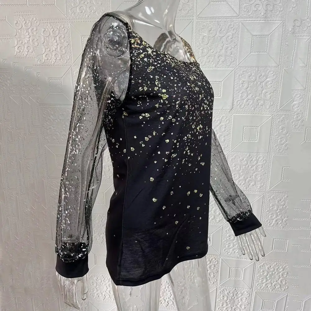 

See-through Mesh Sleeve Lady Top Elegant Commute T-shirt Blouse Women's Shiny Sequin Mesh Patchwork Top with Oblique for Spring