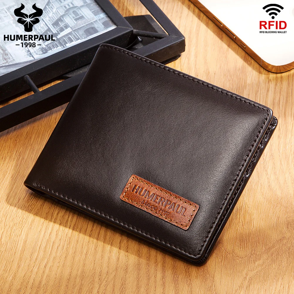 Leather Wallet HUMERPAUL Airtag Wallet For Men Real Leather RFID Trifold Card Holder Case with ID Window Slim Anti-lost