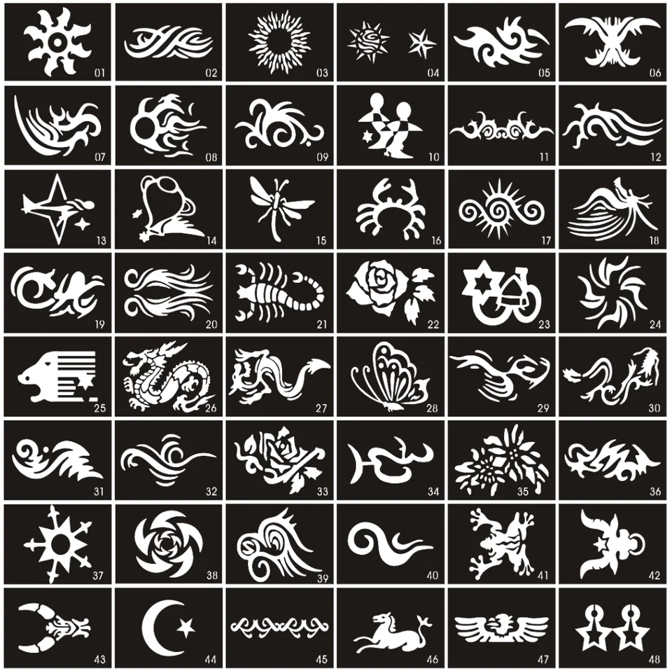 Kit De 200 Pochoirs à Tatouages Pailletés + 10 Couleurs - Art Corporel Temporaire, Thème Animaux Et Nature, Marque Dazzle Glitter
