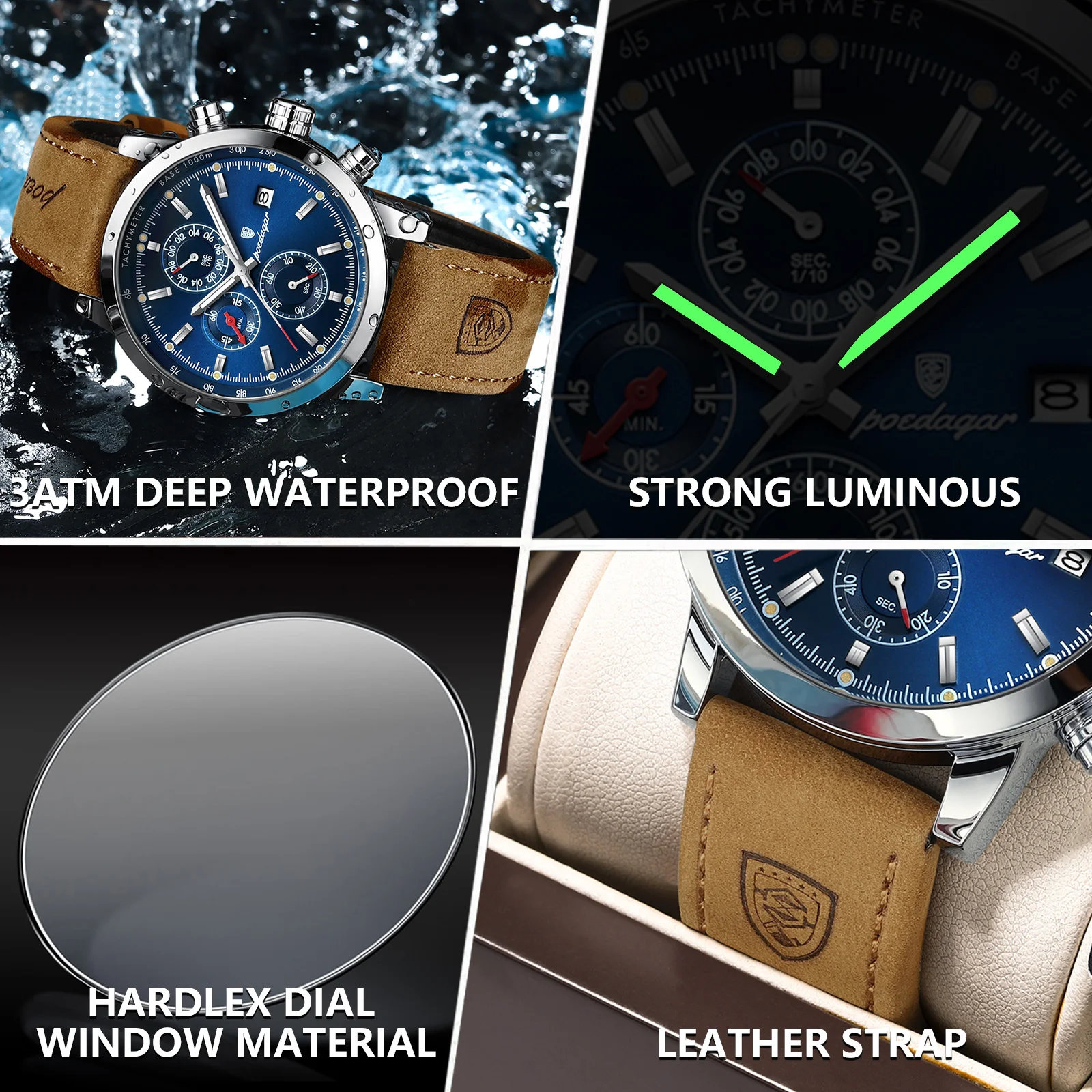 POEDAGAR Funktionale Herren-Armbanduhr mit Datum, wasserdicht, leuchtend, Chronograph, Leder, Quarz, Militäruhr + Geschenkbox_voghion.com