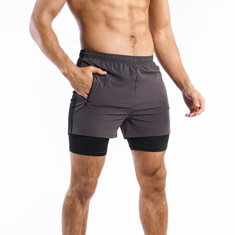 Men's Summer Breathable Quick Dry Fitness Training Short Running Three-In-One Shorts Double Layer Sport Shorts