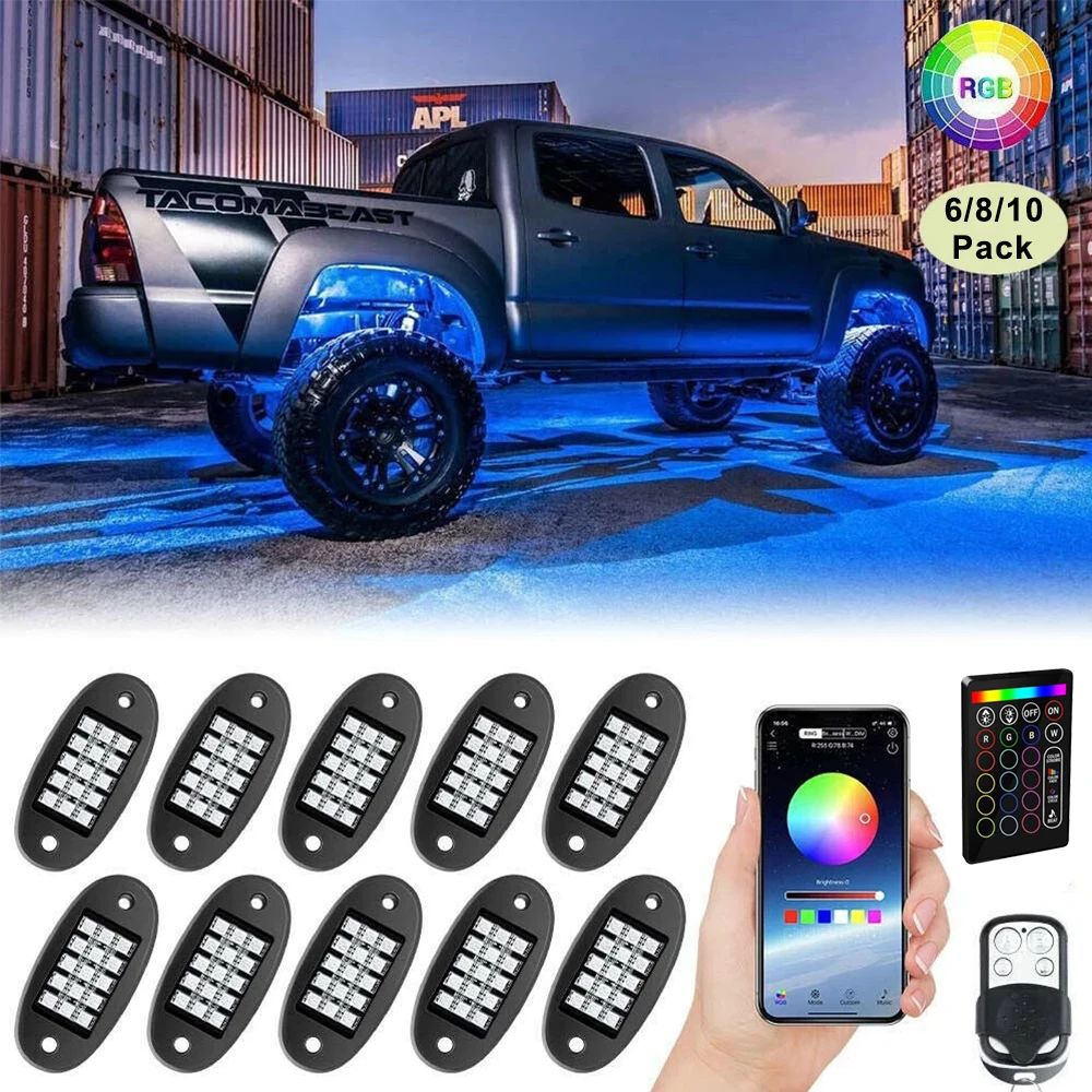 

6/8/10 Pods RGB LED Rock Lights Kit Underbody Music Light Bluetooth APP Multicolor Neon Underglow Lighting for Car Decorations