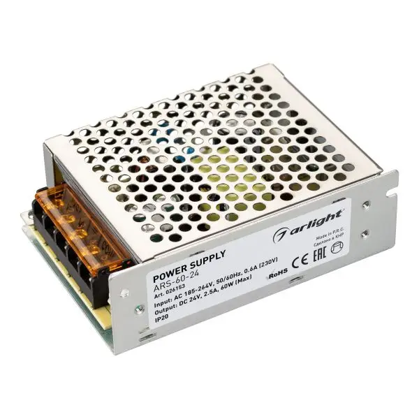 026153 Блок питания ARS-60-24 (24V 2.5A 60W) (Arlight IP20 Сетка 2 года) 1 шт |
