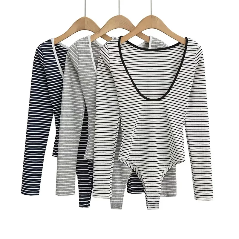 Women Cotton Low Back Long Sleeve Black And White Striped Bodysuit