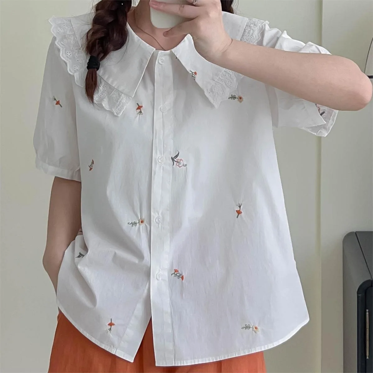 

100% Cotton Short Sleeve Shirt Mori Girl Summer Japan Fashion Sweet Lace Turndown Collar Embroider Blouses Preppy Style Tops