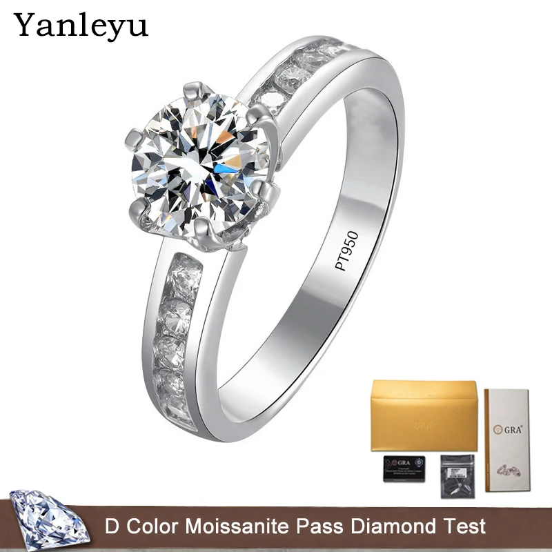 

Yanleyu Real 1 Carat Moissanite Wedding Ring for Women Solid Platinum PT950 Round Brilliant Diamond Engagement Rings Gift