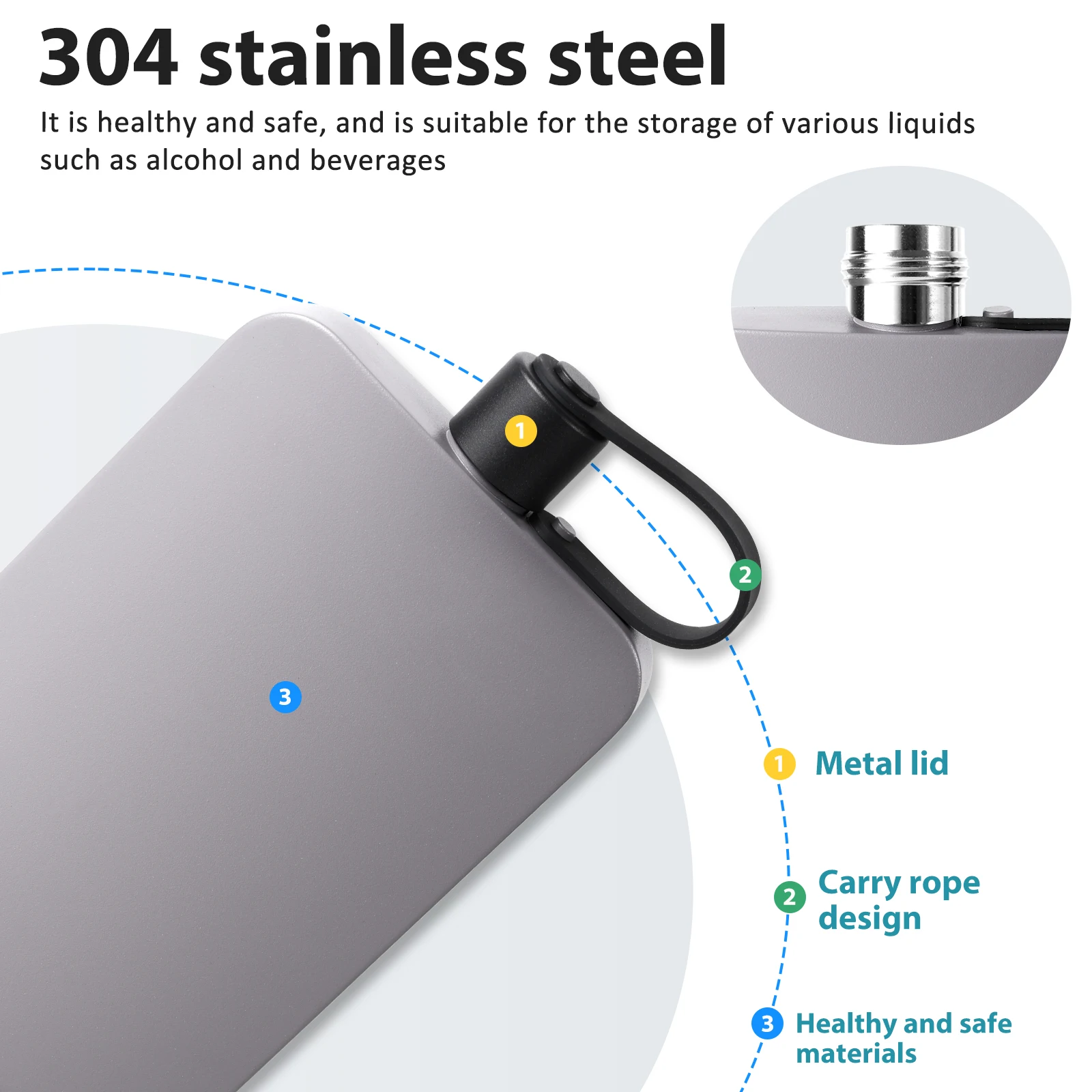 Flat Water Bottle Stainless Steel Integrated Cap Design Portable 500ML Flask for Outdoor Sports Travel Present for Friend Couple