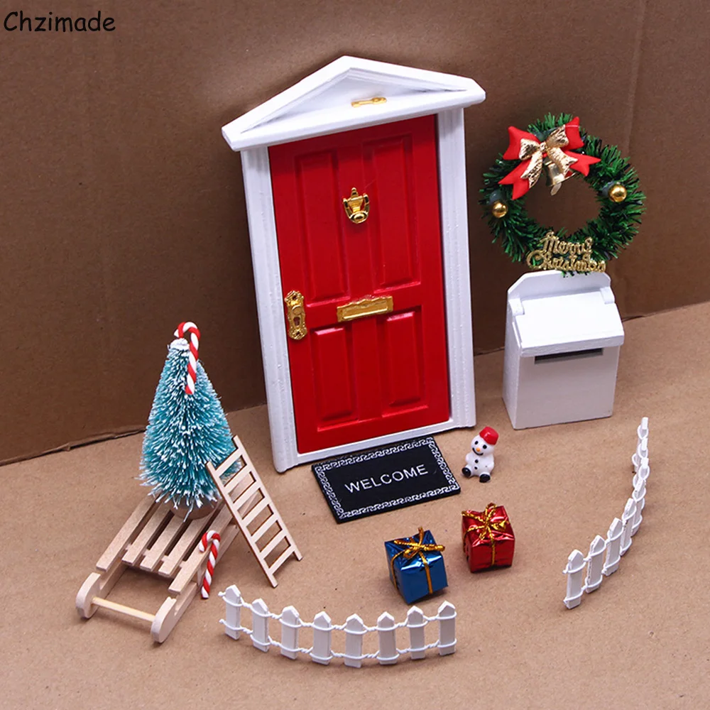 Chzimade   DollHouse Elf Door Christmas Decor String Hat Wreath Mini Tree Gift Boxes Fairy Toyhouse Miniature Scene Model