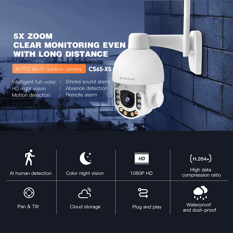 

VStarcam CS65-X5 3MP 5X реальный зум беспроводная WiFi наружная HD IP AI камера безопасности с оптическим зумом Беспроводная купольная PTZ водонепроницаемая IP66