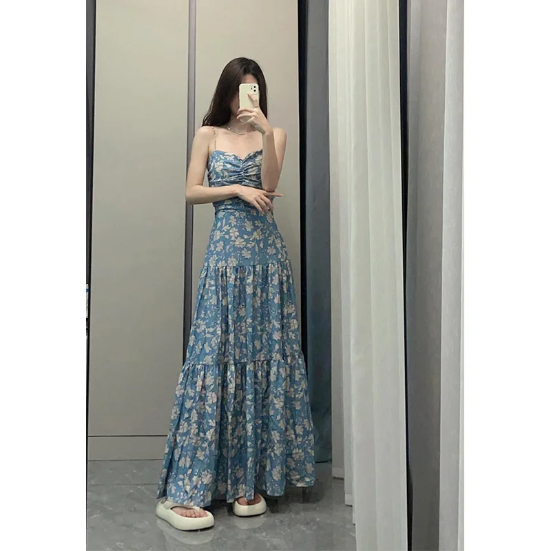 

High Waist Off The Shoulder Women Dress Open Back Bow Broken Flower Strap Dress Spaghetti Backelss Evening Maxi Dress