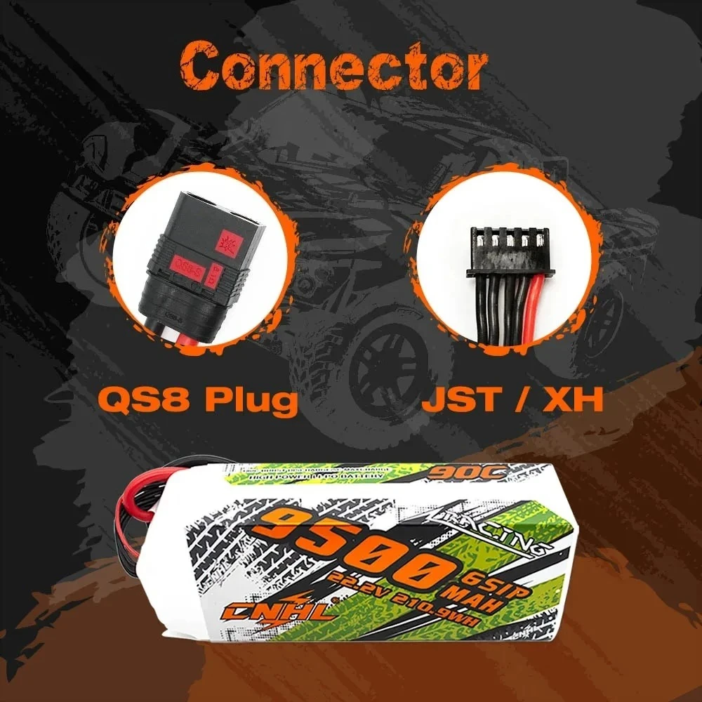 Batterie Lipo 6S 9500mAh 90C pour drone, connecteurs dorés et boîtier robuste.