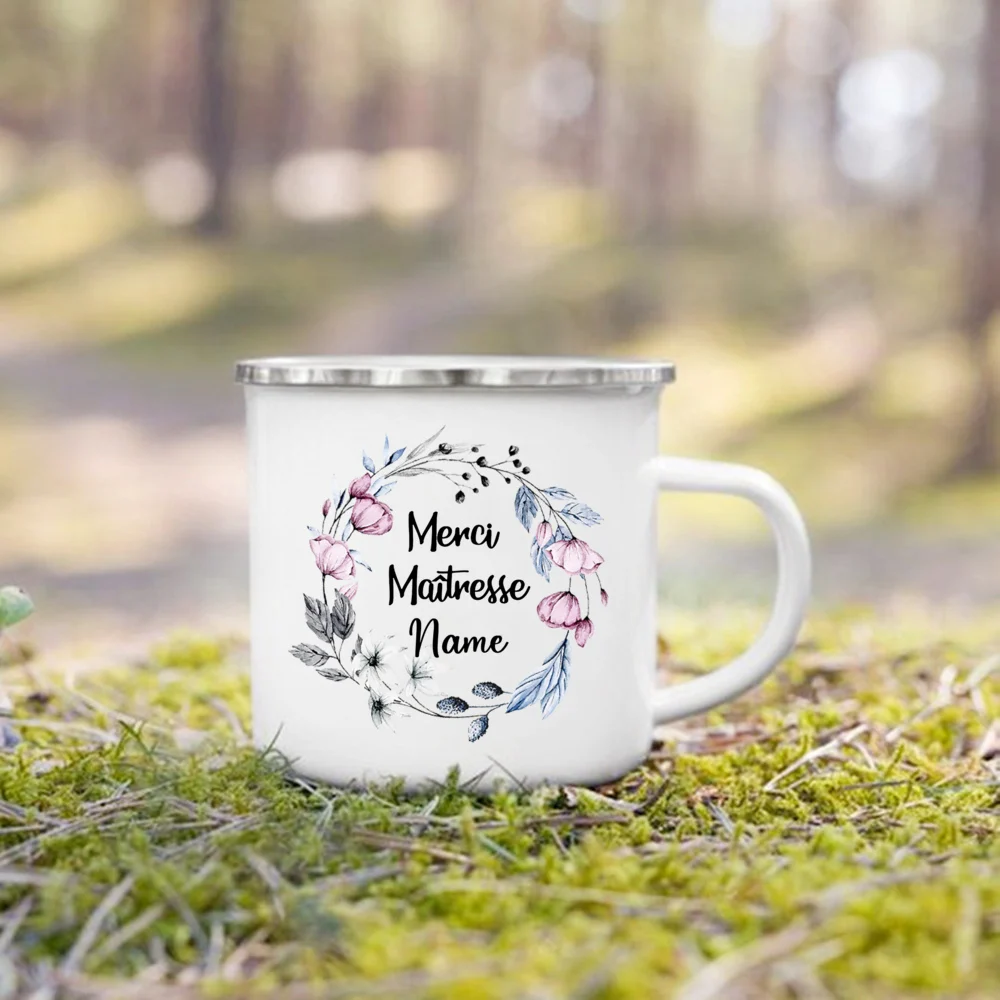 Tazas personalizadas con estampado francés, tazas de café con nombre  personalizado, taza de leche y agua, taza de esmalte, vajilla con asa para  el hogar y la escuela, regalo para profesores - AliExpress