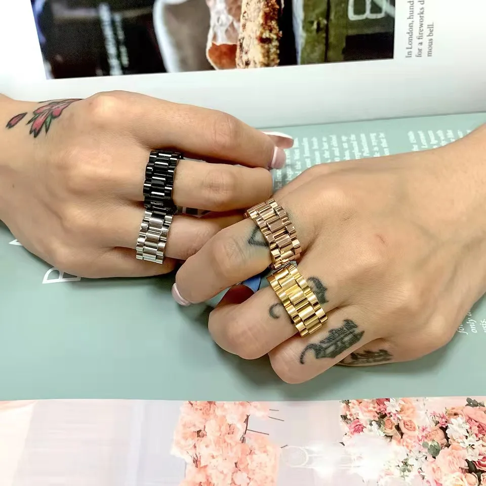 8/10mm  HipHop Watch Chain Band Ring Men Women Rose Gold Color Stainless Steel Strap Watchband Style Wedding Rings Jewlery 4