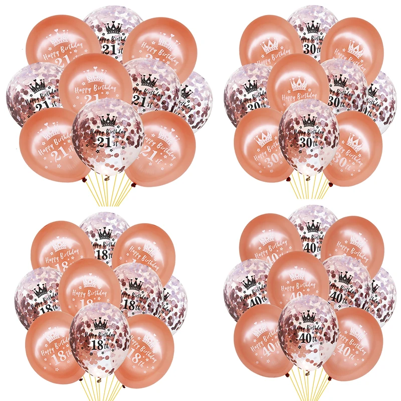 

10pcs 12 Inch Rose Gold 18st 21st 30th Birthday Balloons Decoration Confetti Latex Happy 40th 50th Birthday Party Balloon Decor