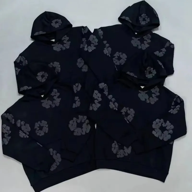 DENIM TEARS Fashion New Men's Women's Same Kapok Foam Printing Loose Velvet Hooded Sweater Trousers Set 2