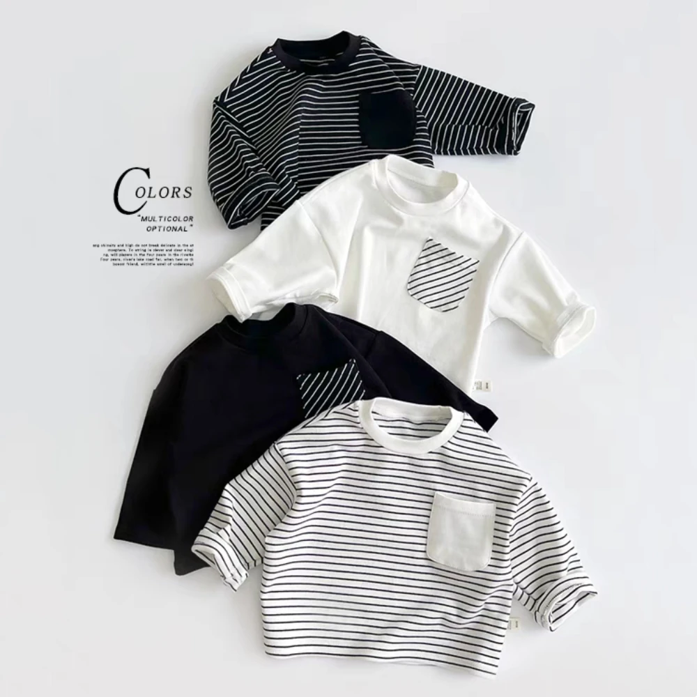 Fashion Striped Children Long Sleeved T Shirt Spring Autumn Loose Casual Kids Base Shirt Baby Boys Pocket Blouse Crewneck 1-6y