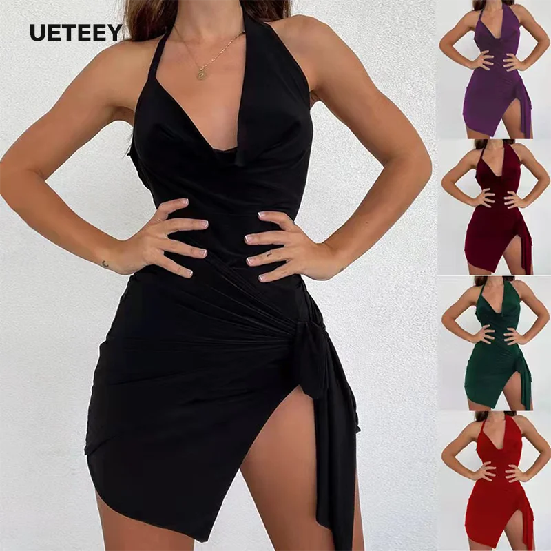 

2023 summer new bra pleated split satin dress dress sexy slim dress with buttocks in Europe and America