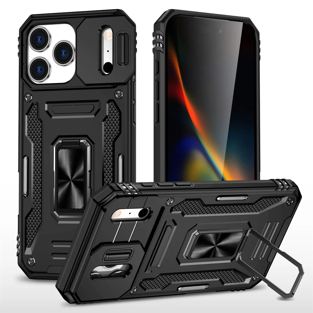 Rotating Magnetic Phone Case with Slide Camera Protector and Ring Stand Cover